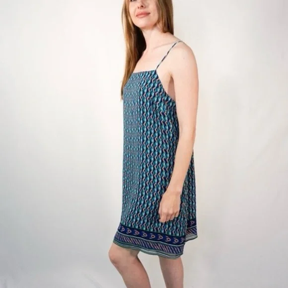 Anthropologie Maeve Silk Dress Geometric Print Spaghetti Straps Sundress Sz L - Picture 2 of 12